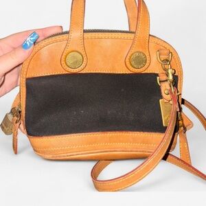 Vintage Dooney & Bourke Cabriolet Bag Canvas Tan Leather Domed USA Satchel